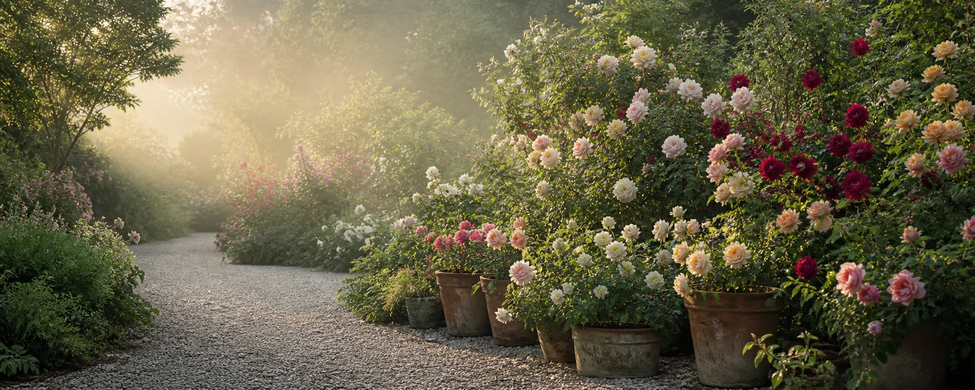 Roses growing along a garden path